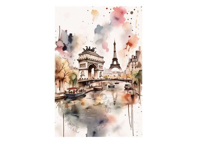 Paris Seine Inkwash Unframed Print on Canvas - A3 Size