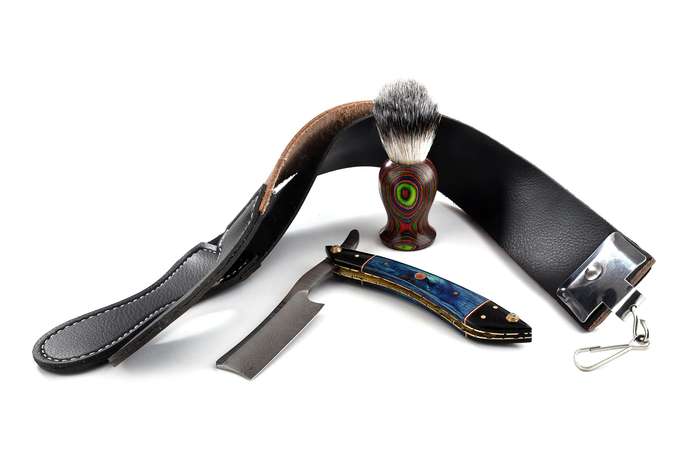 Stainless Damascus Straight Razor Kit - Tinted Camel Bone - MB-SDSR-0003