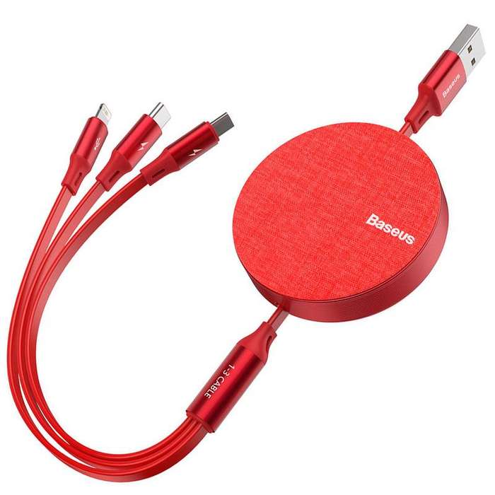 Baseus 1.2m - 3.5A 3in1 Fabric Retract USB TypeA - Micro/Lightning/TypeC - Red