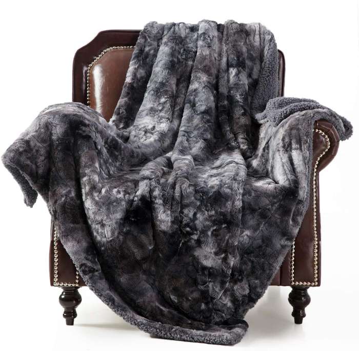 Luxury Reversible Sherpa Fleece Mink Throw Blanket - Charcoal Grey