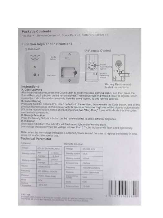 FA0100 - RL Wireless Remote Control Doorbell.