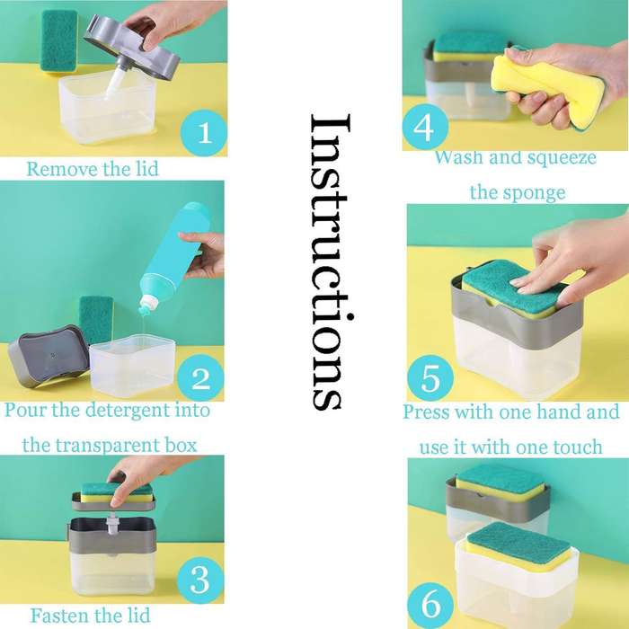 2 in 1 Kitchen Dishwasher Liquid Pump Box Soap Dispenser Sponge Caddy