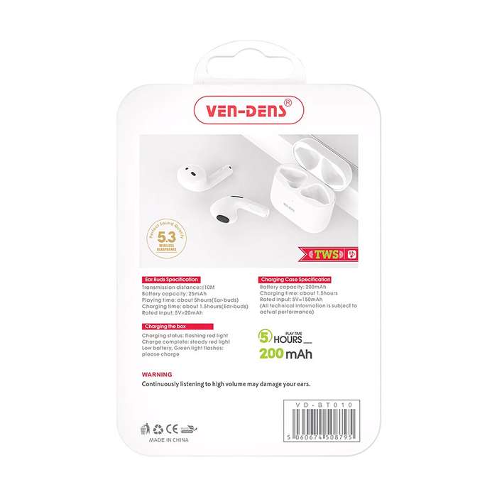 VEN-DENS Wireless Bluetooth Earbuds - White