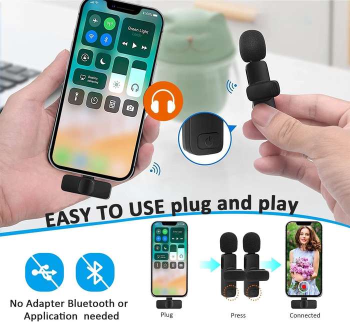 Bluetooth Lavalier Lapel Microphone for iPhone- iPad - Cordless Omnidirectional Condenser Recordi...