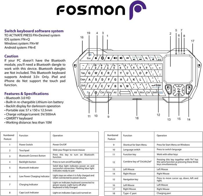 Fosmon Mini Bluetooth Keyboard (QWERTY Keypad)- Wireless Portable with Touchpad- Compatible with ...