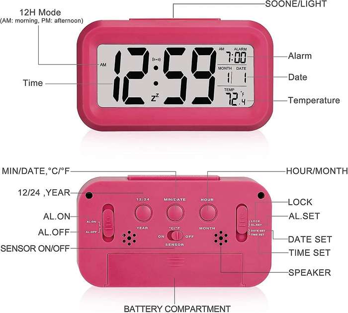 Smart LCD Digital Clock with Optical Backlight Control - Perfect for Desk or Nightstand Red