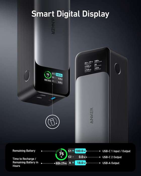 Anker 737 Power Bank- 24-000mAh 3-Port Laptop Portable Charger with 140W Output