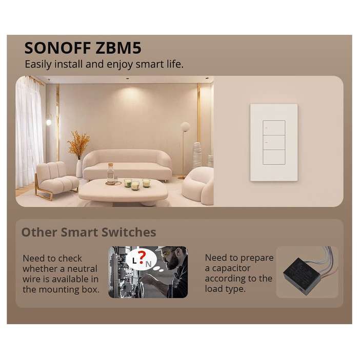 SONOFF ZBM5 Zigbee Smart Switch  No Neutral & With Neutral Compatible 2 Gang