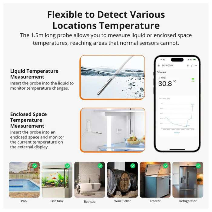SONOFF SNZB-02LD IP65 Zigbee LCD Smart Thermometer (Probe Version)
