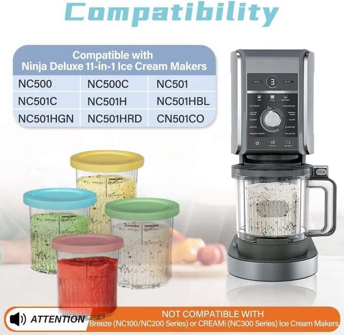 Ninja Creami NC500 Pint Containers and Lids with Spoons (Set of 4) - Includes Ice-Cream Scoop