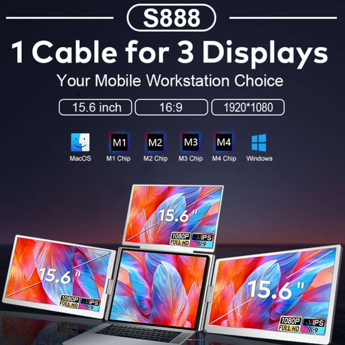 Portable Triple Screen Monitors  3 × 15.6 FHD IPS Foldable External Display with USB-C/HDM...