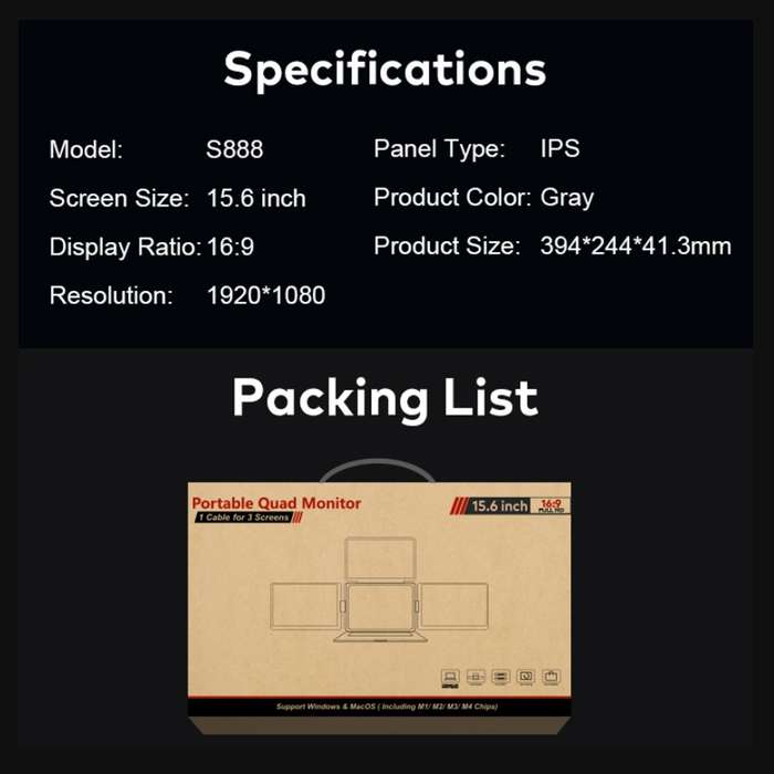 Portable Triple Screen Monitors  3 × 15.6 FHD IPS Foldable External Display with USB-C/HDM...