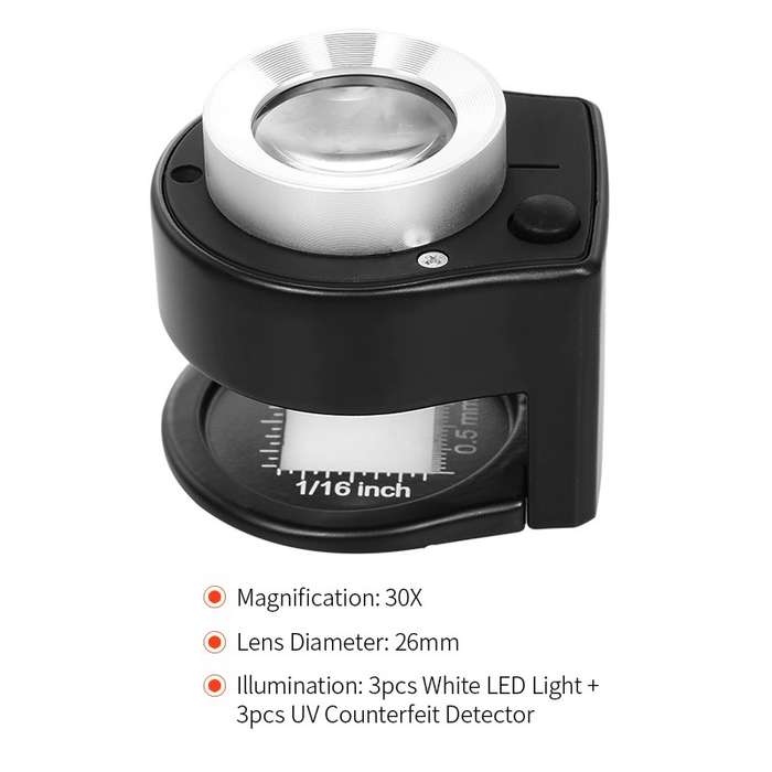 30× Optical Glass Folding Loupe  Full-Metal Linen Tester with 3 LED Lights & Thread Counter