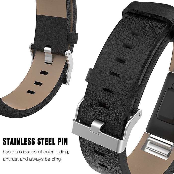 Fitbit Charge 2 Leather Band - Adjustable Replacement Strap - Black