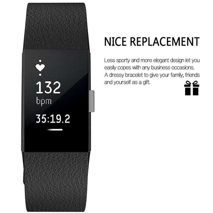 Fitbit Charge 2 Leather Band - Adjustable Replacement Strap - Black
