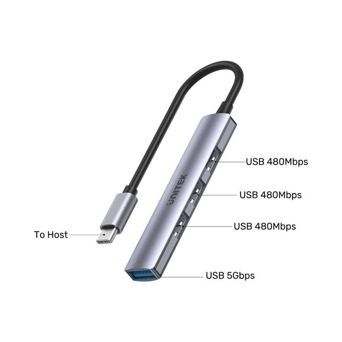 UNITEK H1208B | 4-PORT USB TYPE-C HUB (3X PORTS 480MBPS, 1X PORT 5GBPS)