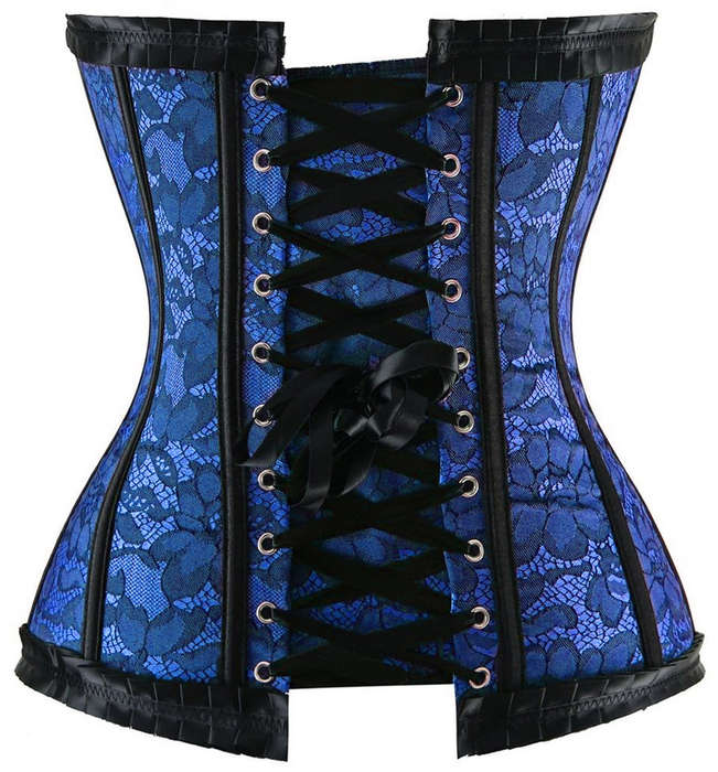 Strapless Blue Burlesque Corset, Brocade Corset with Ruffle Trim, Floral Jacquard Corset, #N8082