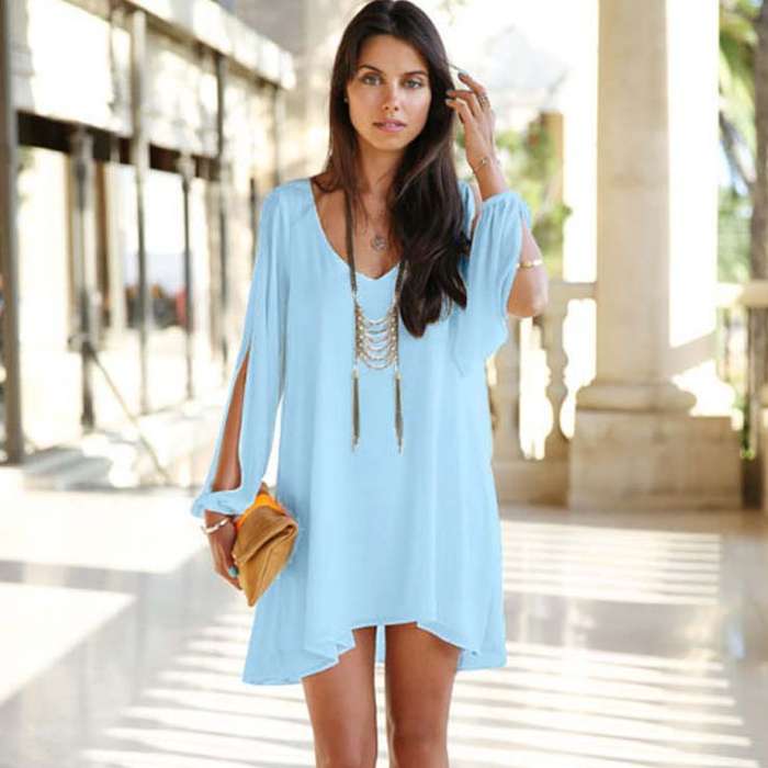 Boho Style Long Sleeveless Chiffon Dress, Low V-neck Open Sleeve, Elegant Women