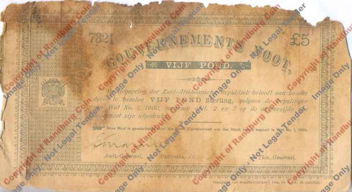 *#*  Gouvernements Noot Pretoria Vijf Pond 28.5.1900 - Spade variety*#*