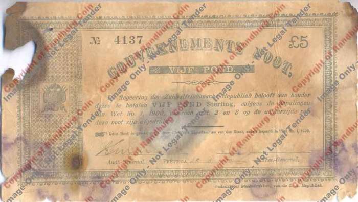 *#*  Gouvernements Noot Pretoria Vijf Pond 28.5.1900 - Star variety*#*