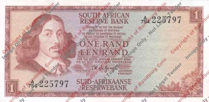*#* TW de JONGH - 1st Issue - 1 Rand 1972 - Eng/Afr - Unc *#*