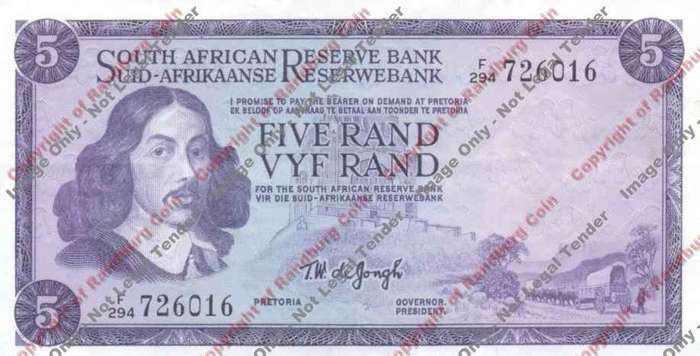 *#* TW de JONGH - 3rd Issue - 5 Rand - Eng/Afr - VF+ - staple holes *#*