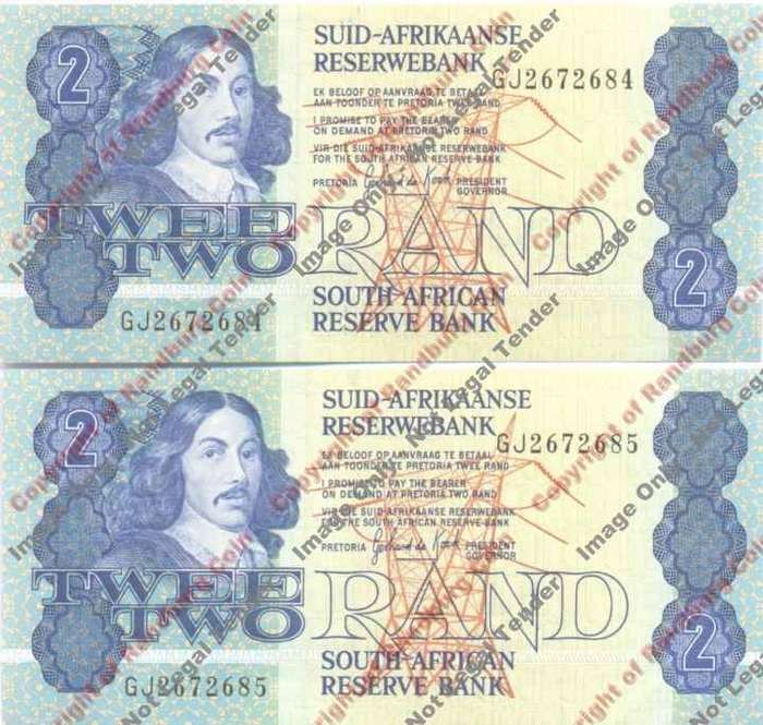 *#* GPC De Kock 3rd Issue - Pair of consecutive numbered Two Rand Notes - EF+ *#*