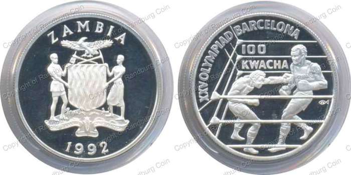 *#* Zambia - 1992 Silver (Stg-28.28gr)  Proof 100 Kwacha Olympics Games Boxing *#*