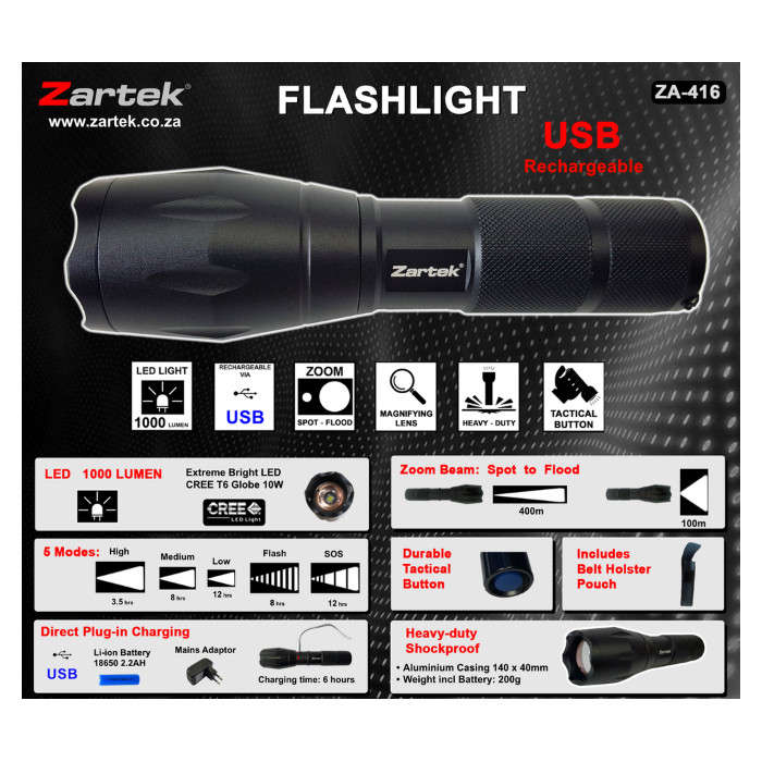 Zartek ZA-416 Extreme Bright LED 1000 Lumen Rechargable USB Flashlight