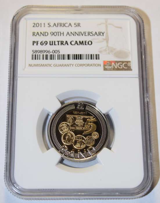2011 5 RAND 90th ANNIVERSARY - RARE NOT SILVER CROWN NGC GRADED PF69 UC