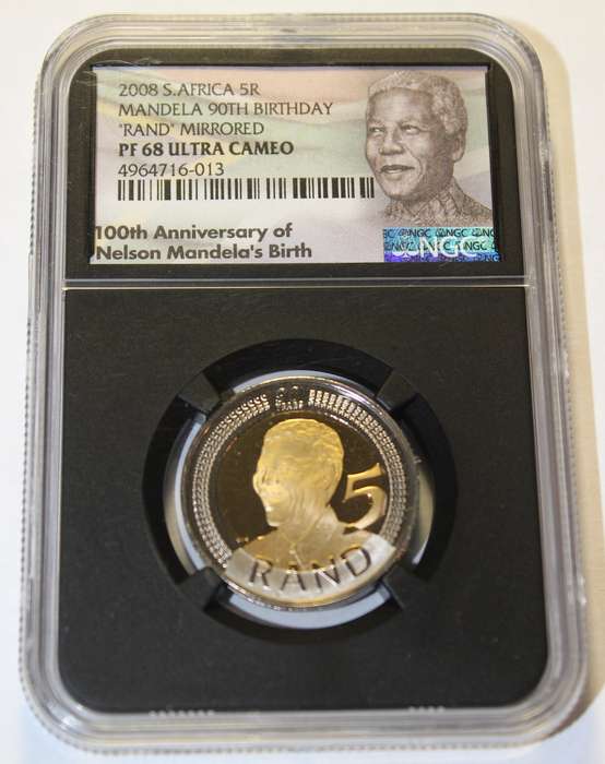 2008  5 RAND MANDELA 90TH BIRTHDAY - "RAND" MIRRORED - MANDELA LABEL NGC GRADED PF68 UC
