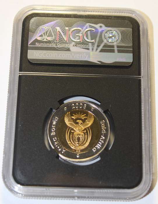 2008  5 RAND MANDELA 90TH BIRTHDAY - "RAND" MIRRORED - MANDELA LABEL NGC GRADED PF68 UC