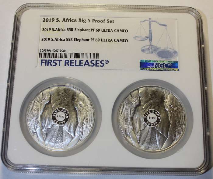 2019 Proof Set South African Big 5 Set - Elephant Twin (2 Coin) NGC Graded PF69 UC