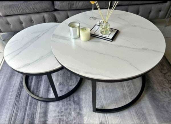 Round Coffee Table Set - Nesting set - Large - White Marble Top - Metal frame