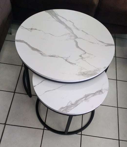 Round Coffee Table Set - Nesting set - Large - White Marble Top - Metal frame