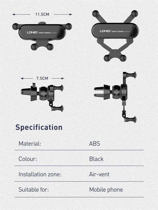 Gravity Car Phone Holder with Air Vent Clip Auto-Lock Mechanism MG03