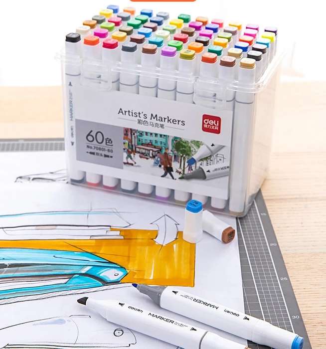 Set of 60 Twin Tip Marker Pen Highlighters for Graphic Art With Carry Case