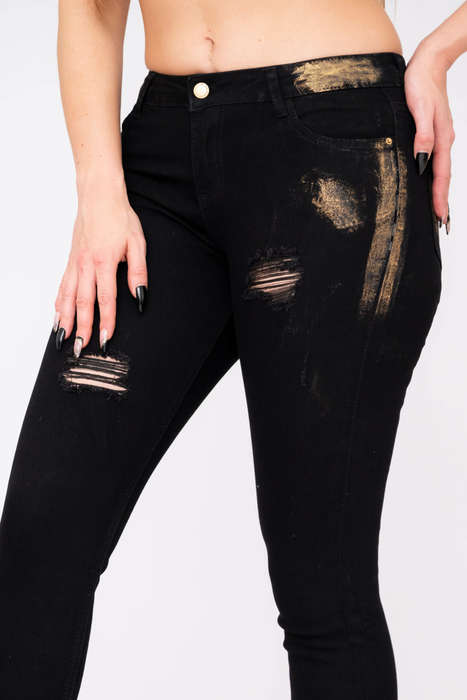 Women's Black Slim Fit Ripped Skinny Jeans with Gold Embossed Trim