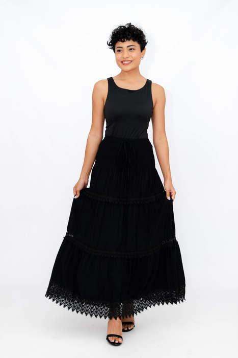 Ladies High Waist Boho Black Long Pleated Skirt