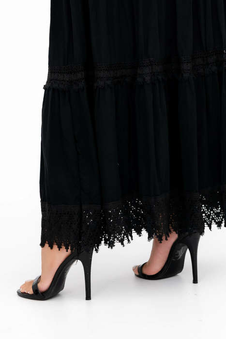 Ladies High Waist Boho Black Long Pleated Skirt