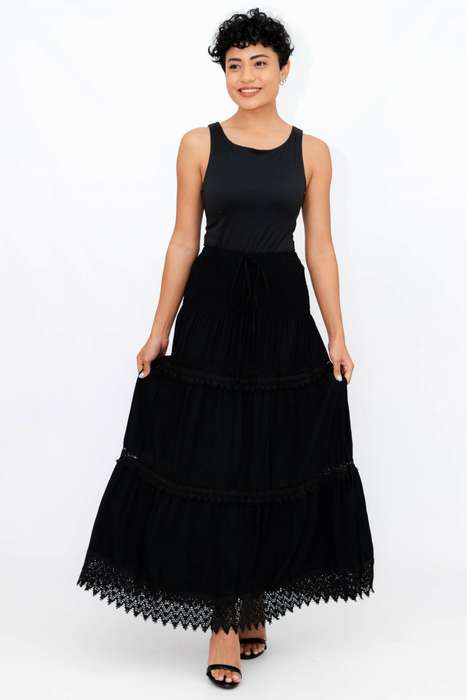 Ladies High Waist Boho Black Long Pleated Skirt