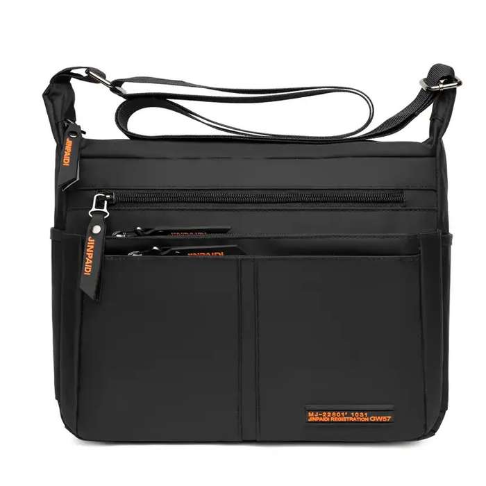 Black Unisex Multi Zipper Sling Shoulder Nylon Bag Crossbody Travel Bag