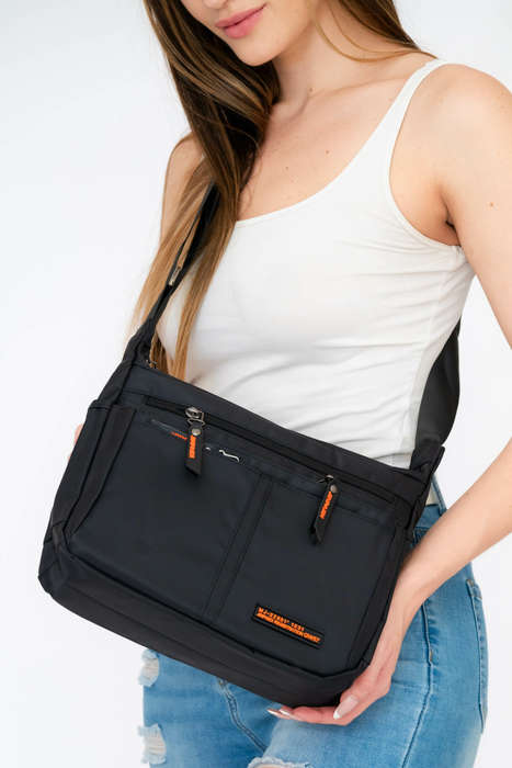 Black Unisex Multi Zipper Sling Shoulder Nylon Bag Crossbody Travel Bag