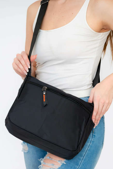 Black Unisex Multi Zipper Sling Shoulder Nylon Bag Crossbody Travel Bag
