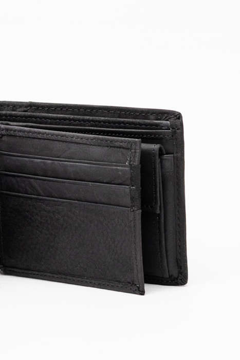 Camel Mountain Genuine Leather Tri-Fold Stitch Detail Wallet with Coin Pouch Black