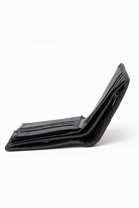 Camel Mountain Genuine Leather Tri-Fold Stitch Detail Wallet with Coin Pouch Black