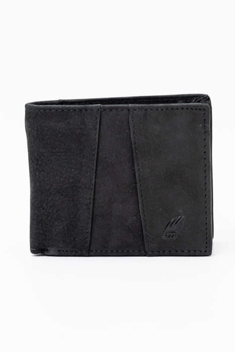 Camel Mountain Genuine Leather Tri-Fold Stitch Detail Wallet with Coin Pouch Black