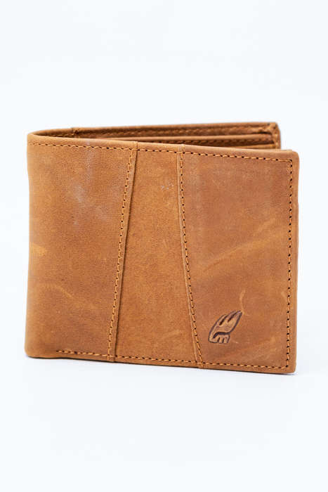 Camel Mountain Genuine Leather Tri-Fold Stitch Detail Wallet with Coin Pouch Tan