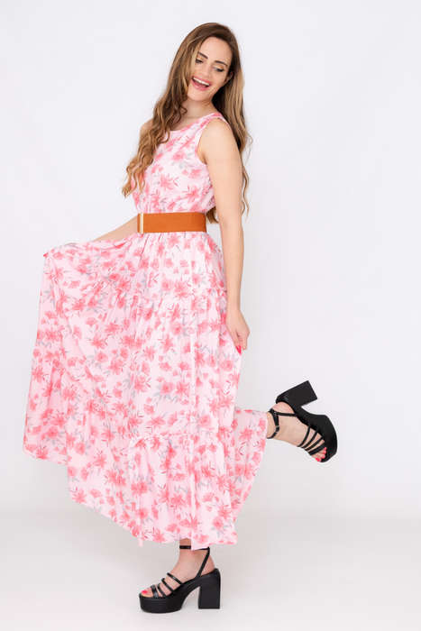 Kelly Floral Printed Sleeveless Maxi Dress With Pockets &amp; Belt