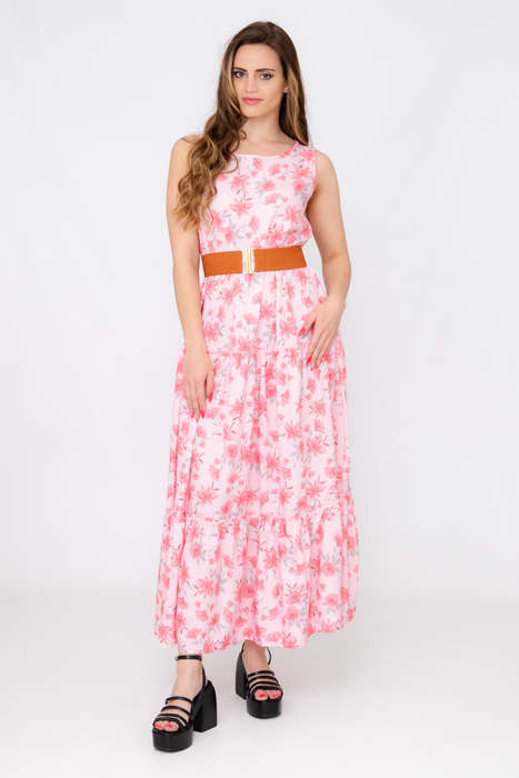 Kelly Floral Printed Sleeveless Maxi Dress With Pockets &amp; Belt